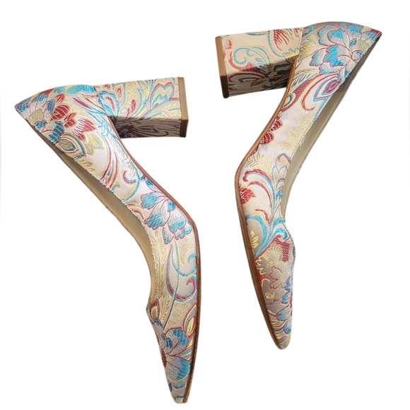 Marc Fisher Zala Pointed Toe Pumps Block Heel Floral Brocade Leather Used 6 - Picture 7 of 15